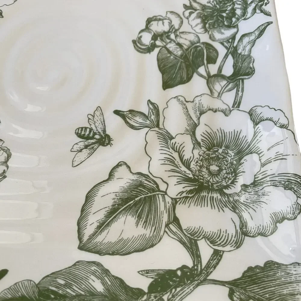 MAXCERA Green Floral Dinner Plates 11in Square Ceramic Set of 2 NEW